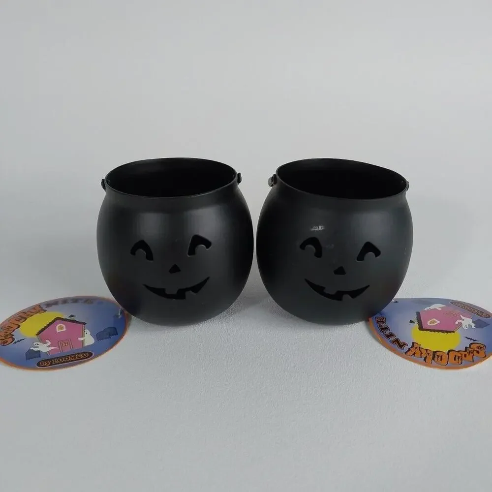 2 VTG Halloween Candle Holders Pumpkin Black‎ Metal Caldron Jack-O-Lantern 3